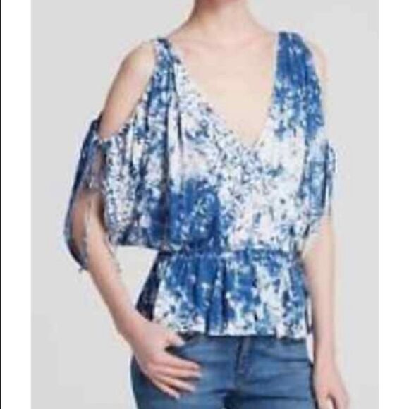 Free People Abracadabra Cold Shoulder Floral V-Neck Top Indigo Combo - Size: S - Picture 5 of 16